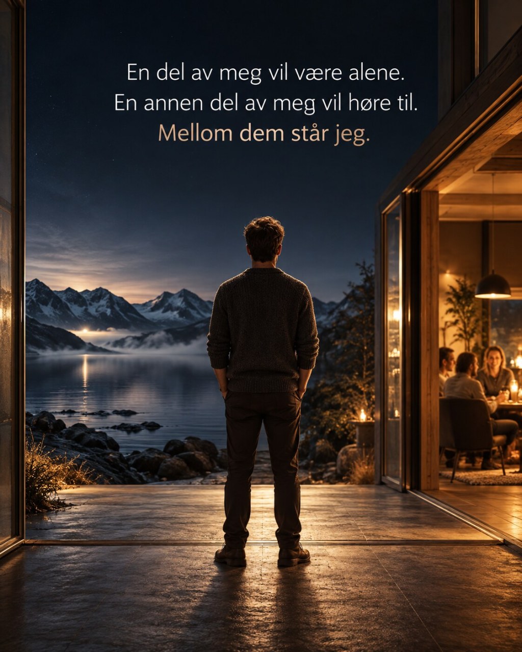 En mann står mellom et stille fjellandskap og et varmt fellesskap, med teksten: En del av meg vil være alene. En annen del av meg vil høre til. Mellom dem står jeg.